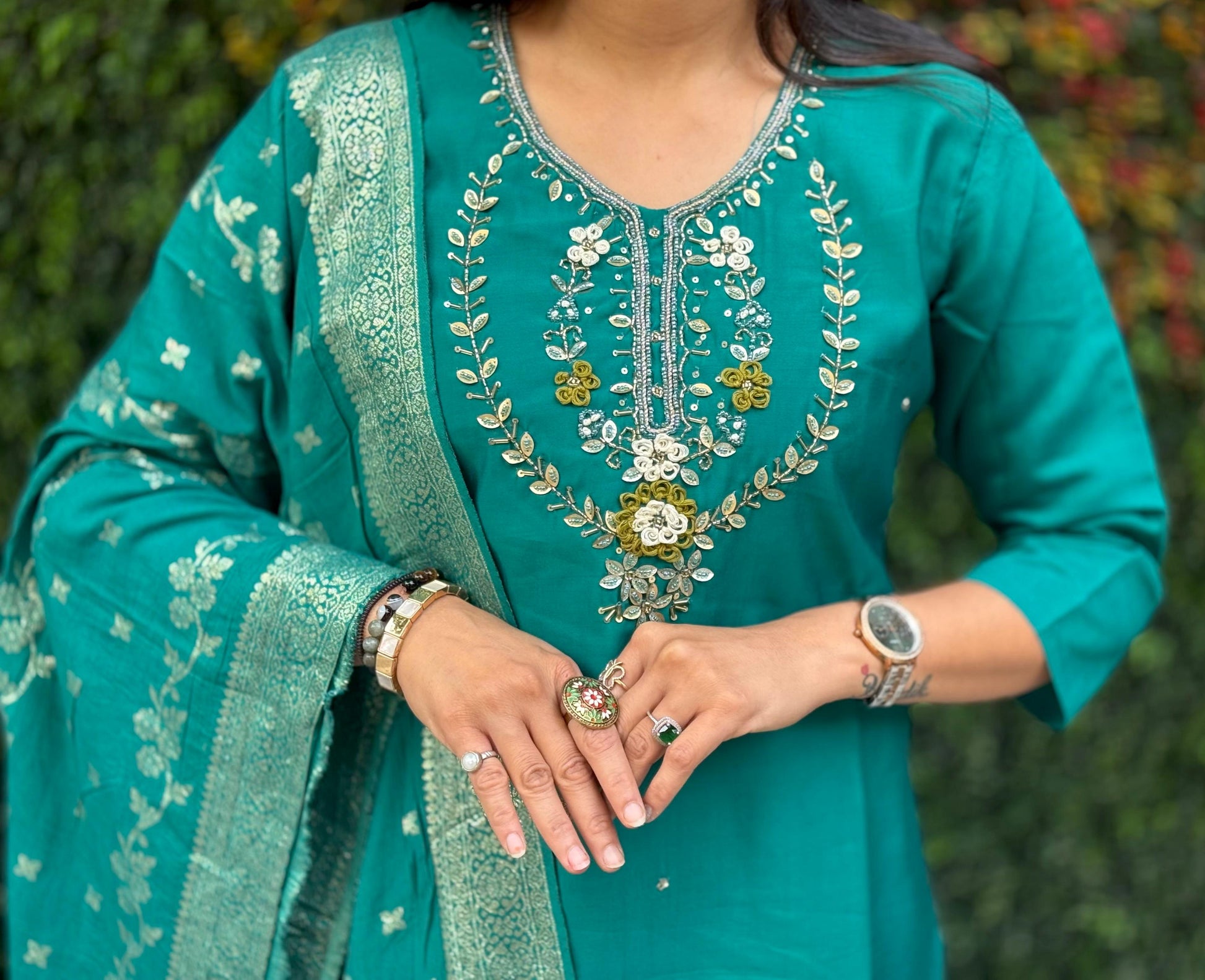 Designer Roman Silk Kurti Pant Set with Dupatta
