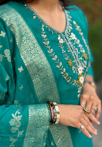 Designer Roman Silk Kurti Pant Set with Dupatta
