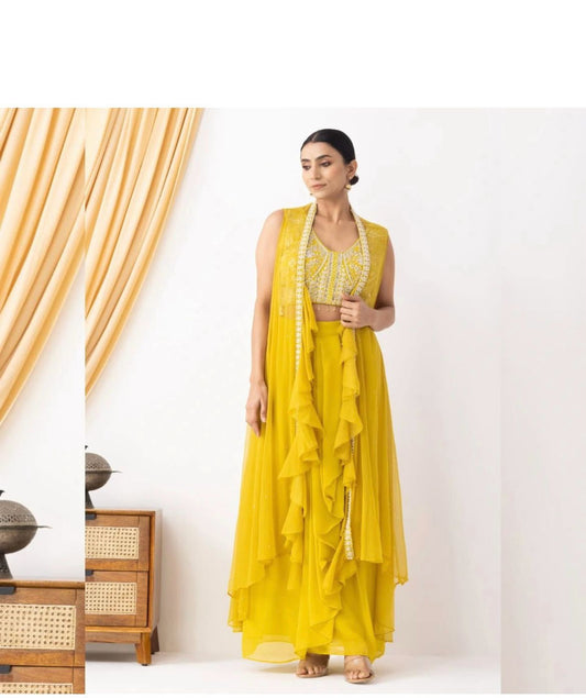 Designer Ruffle three peice Set with Embroidered Blouse
