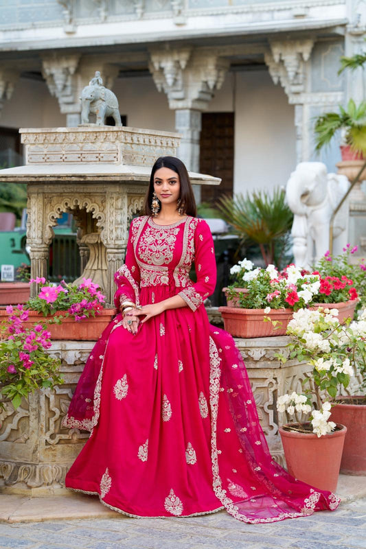 Designer Silk Embroidered Gown with Dupatta for Weddings