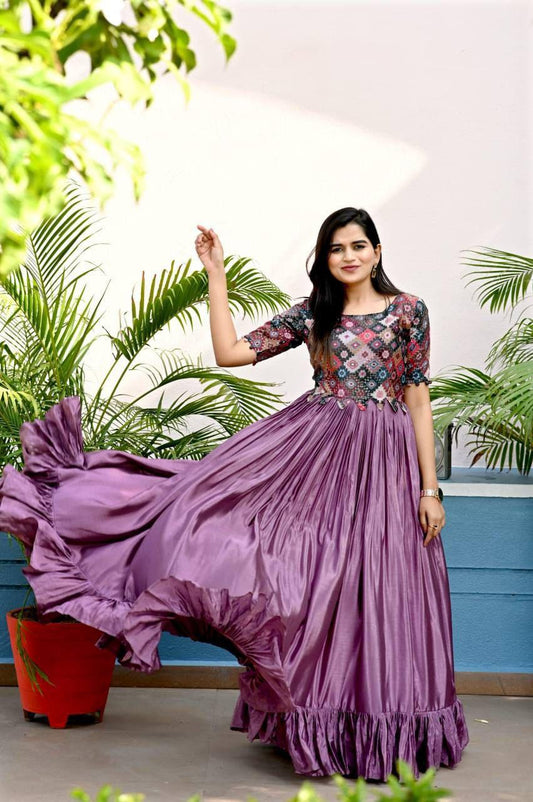 Designer Silk Gown with Embroidered Mirror Work Bodice