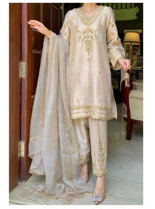 Designer Silk Palazzo Suit with Embroidery & Net Dupatta