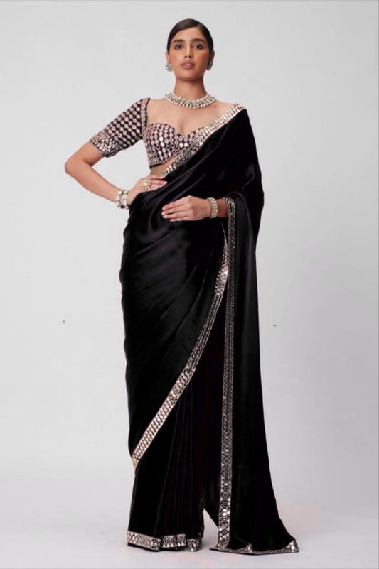 Designer Silk Saree with Mirror Work Blouse for Women