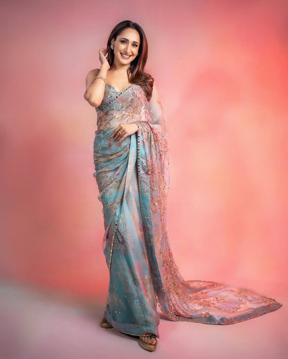 Designer Tabby Silk Saree with Handwork and Mirror Work