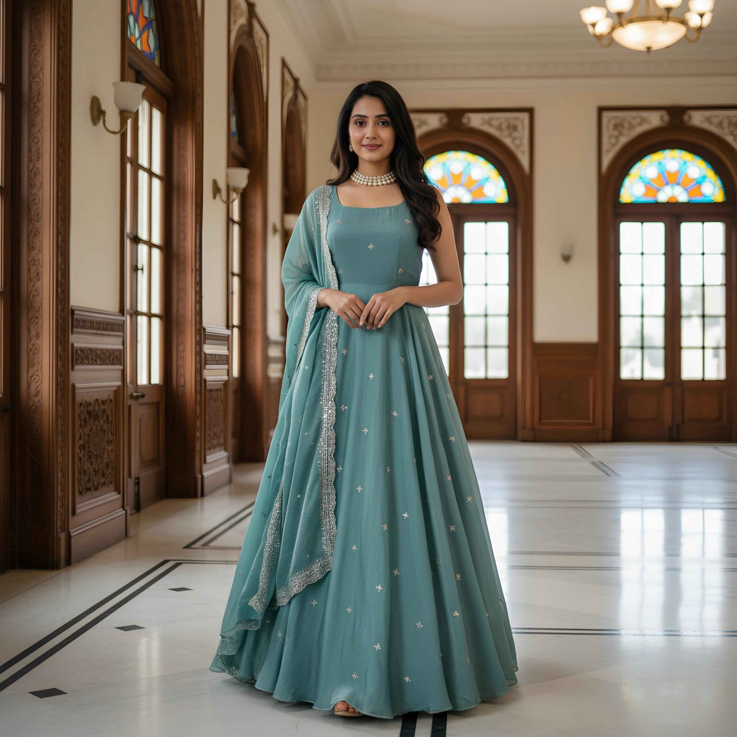 Designer Teal Blue Anarkali Gown with Dupatta