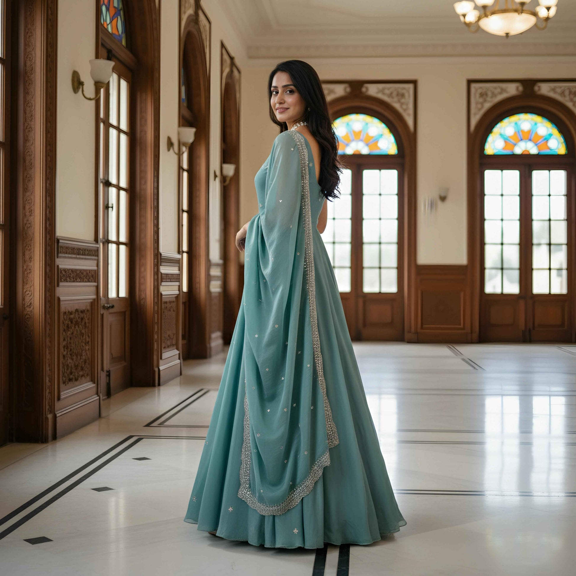 Designer Teal Blue Anarkali Gown with Dupatta