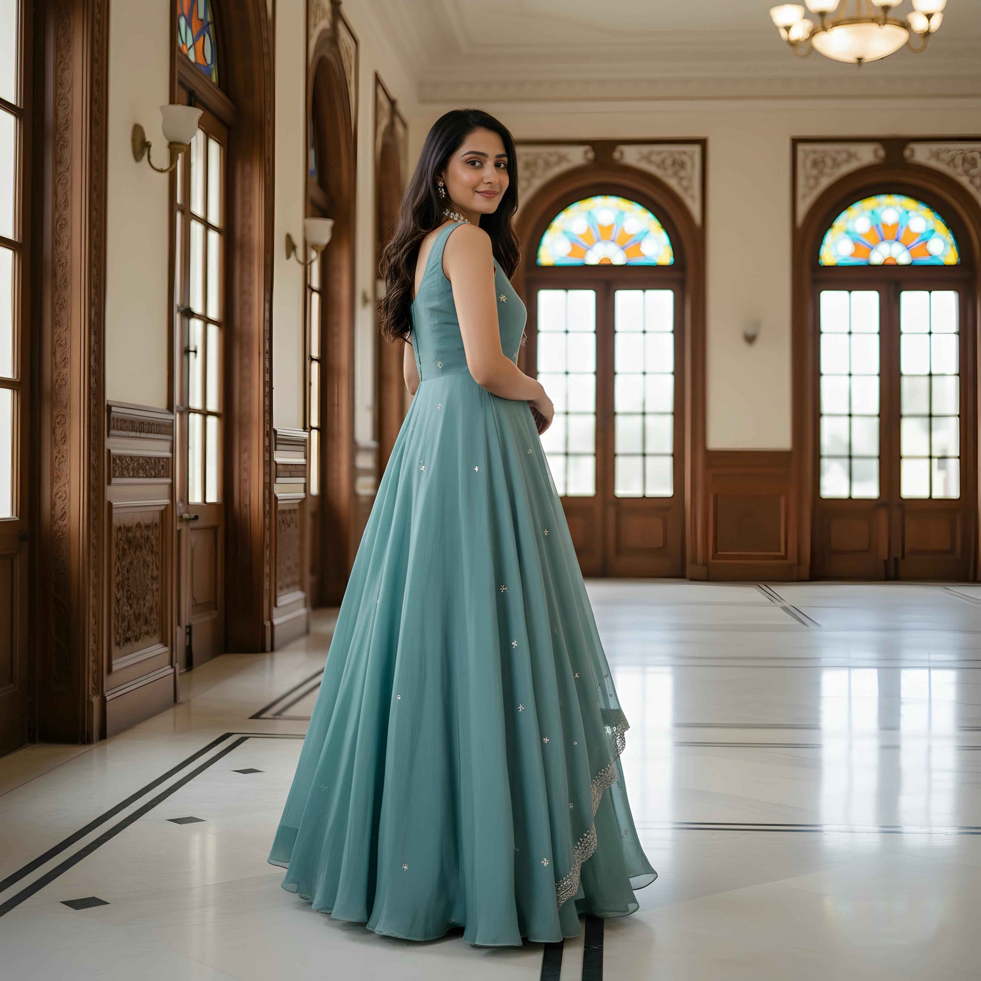 Designer Teal Blue Anarkali Gown with Dupatta