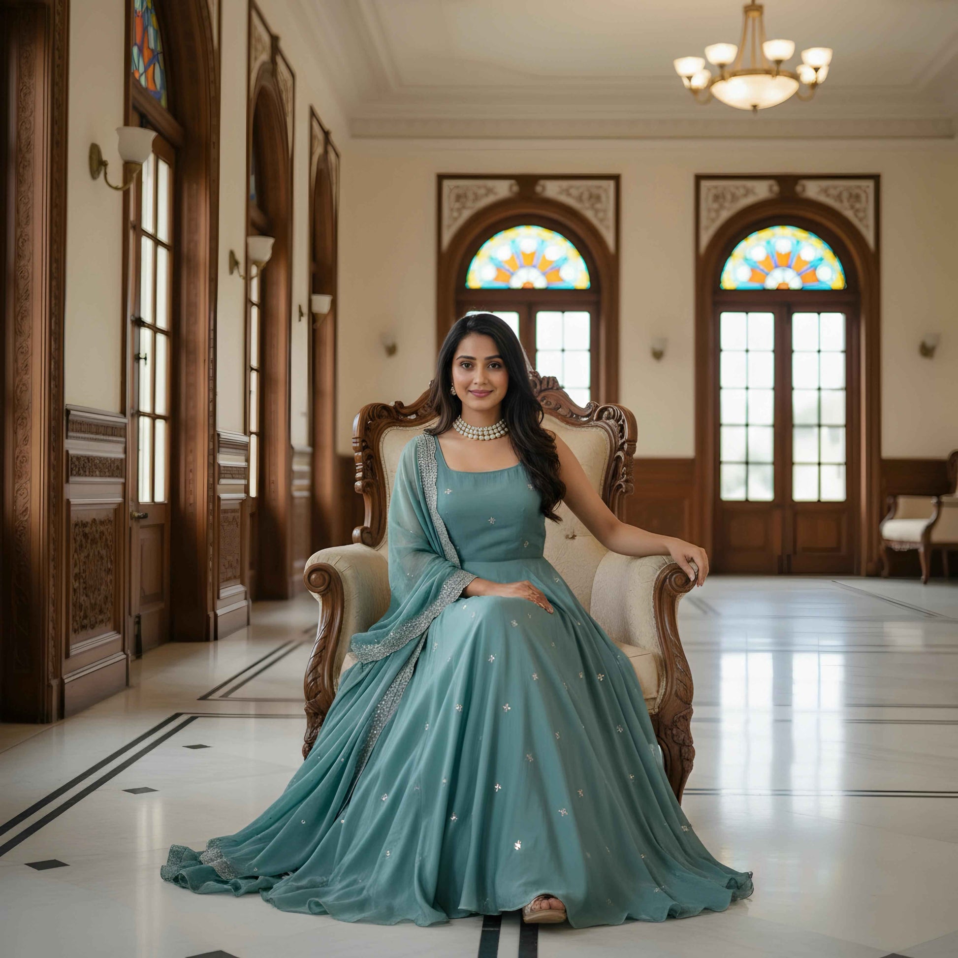 Designer Teal Blue Anarkali Gown with Dupatta