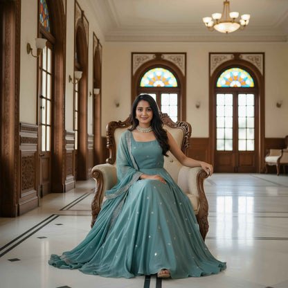 Designer Teal Blue Anarkali Gown with Dupatta