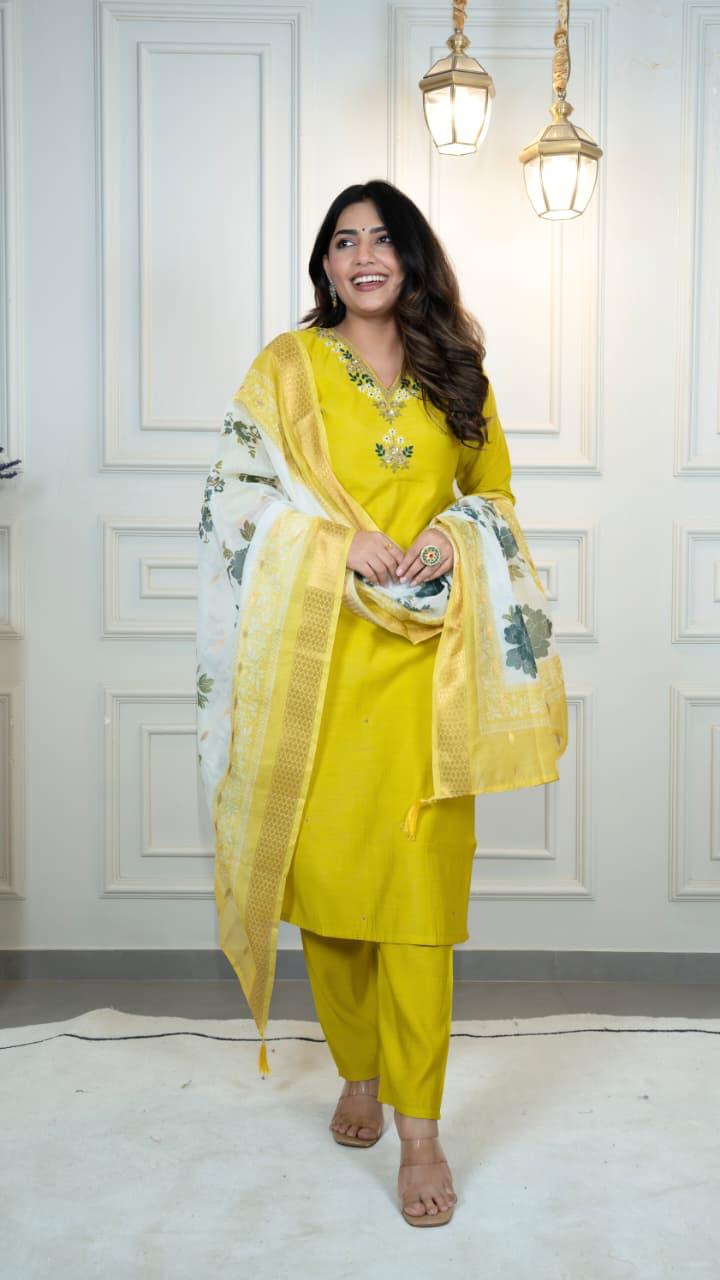 Designer Yellow Kurti Pant Dupatta Set for Women