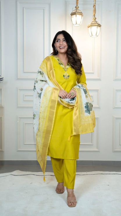 Designer Yellow Kurti Pant Dupatta Set for Women
