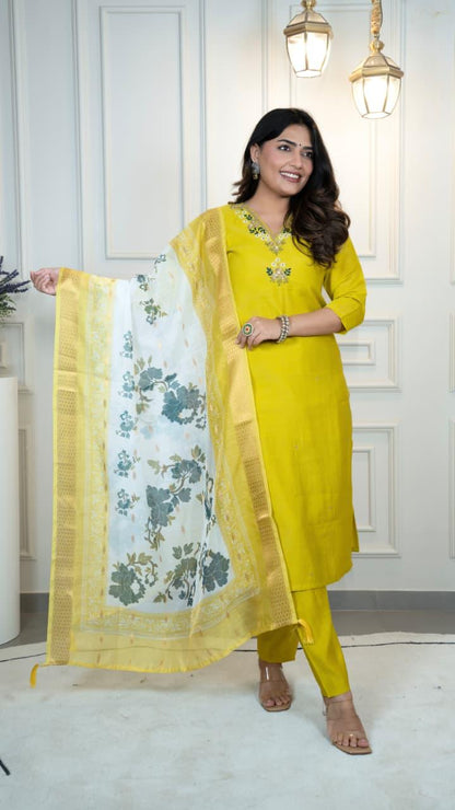 Designer Yellow Kurti Pant Dupatta Set for Women