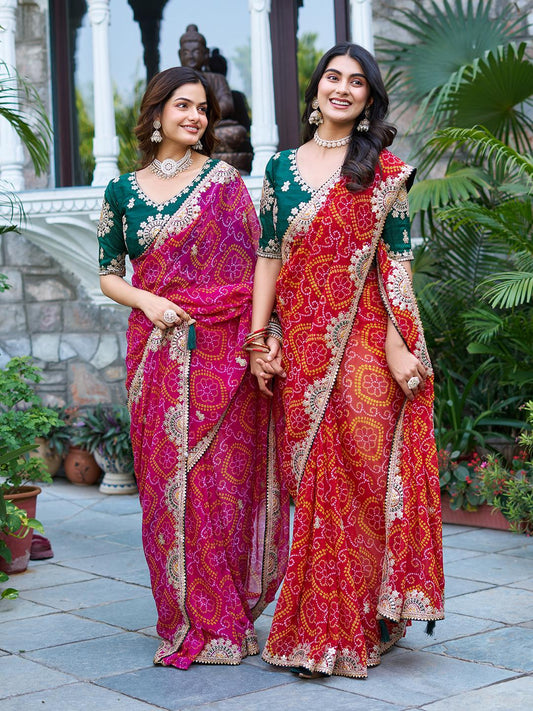 Designer Bandhani Saree with Embroidered Blouse Set