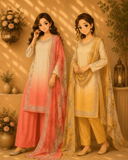 Dual Shade Mirror Embroidered Suit