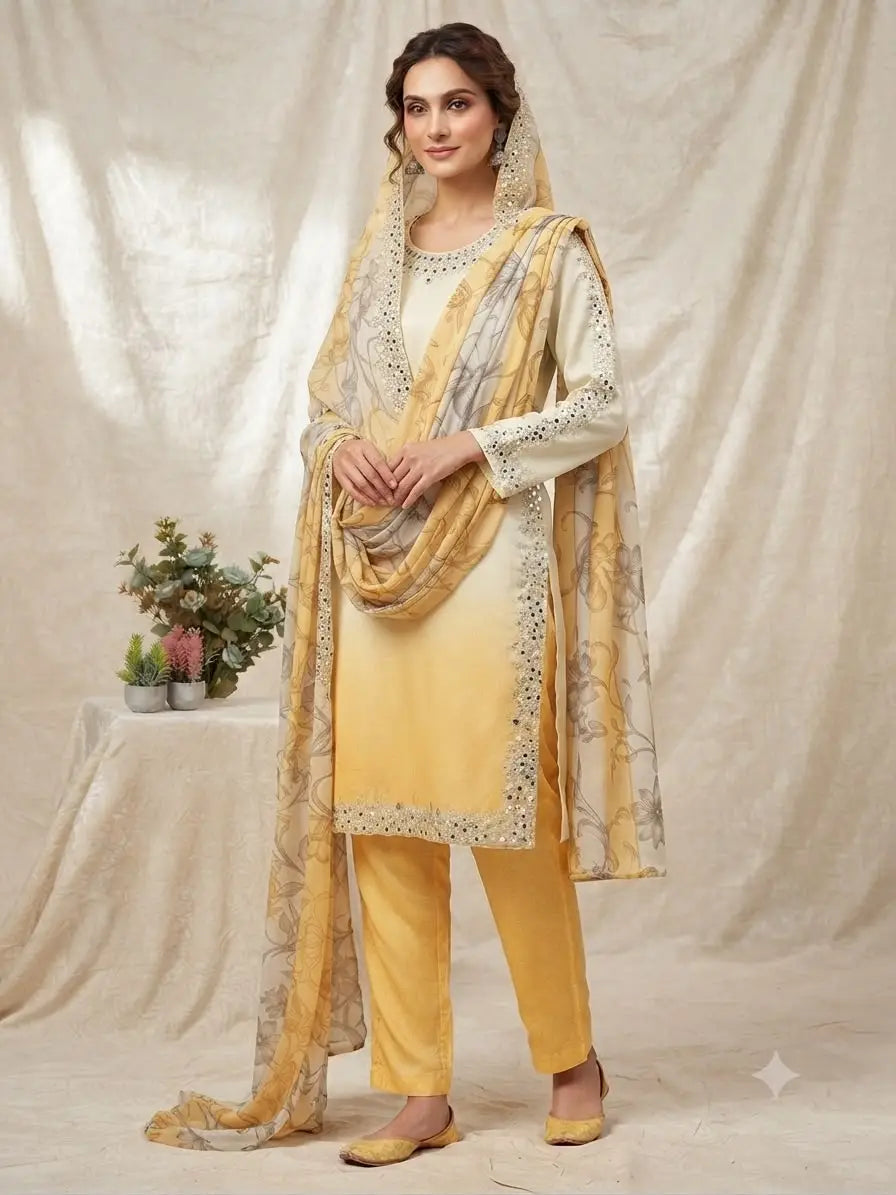 Dual Shade Mirror Embroidered Suit