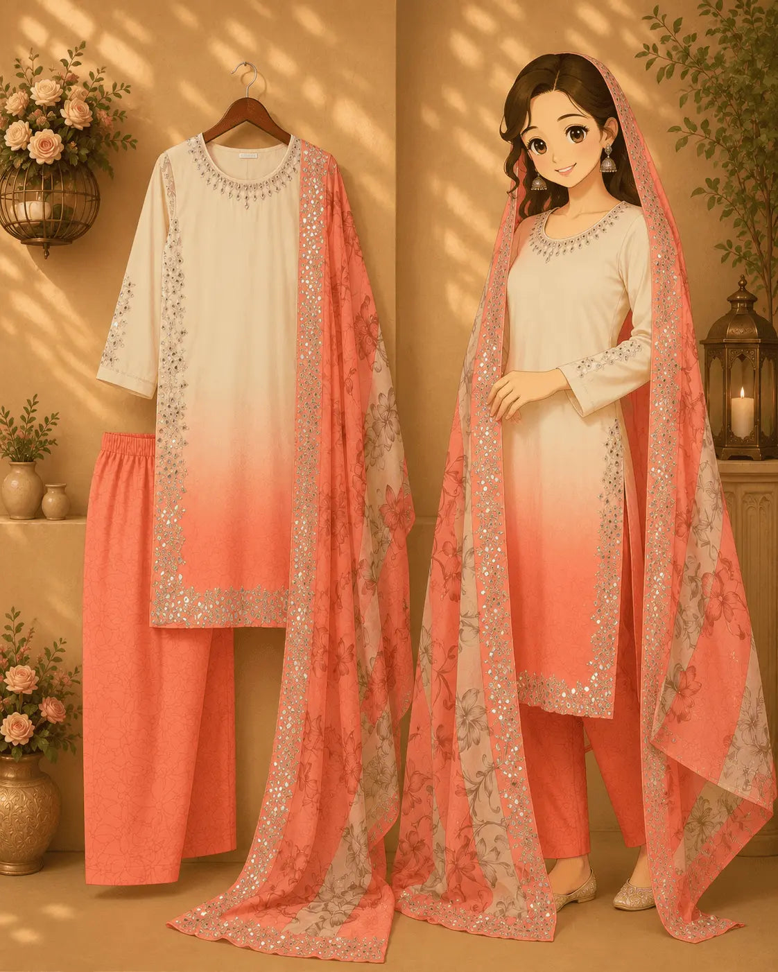 Dual Shade Mirror Embroidered Suit
