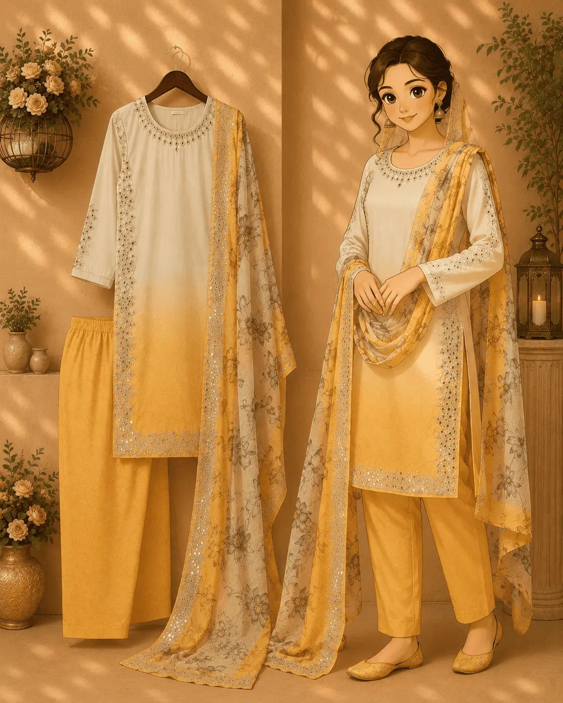 Dual Shade Mirror Embroidered Suit