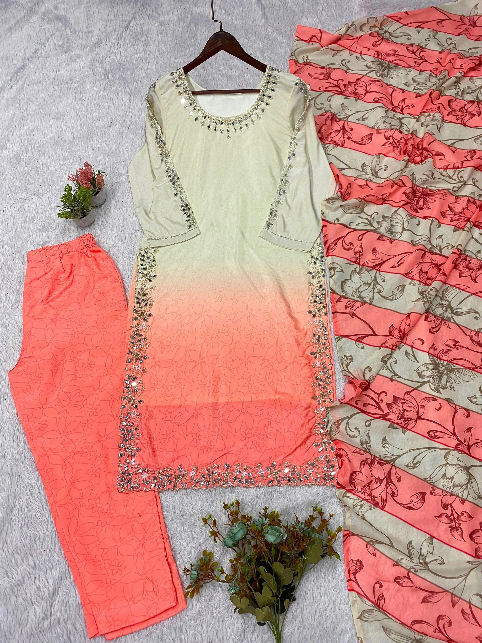 Dual Shade Mirror Embroidered Suit