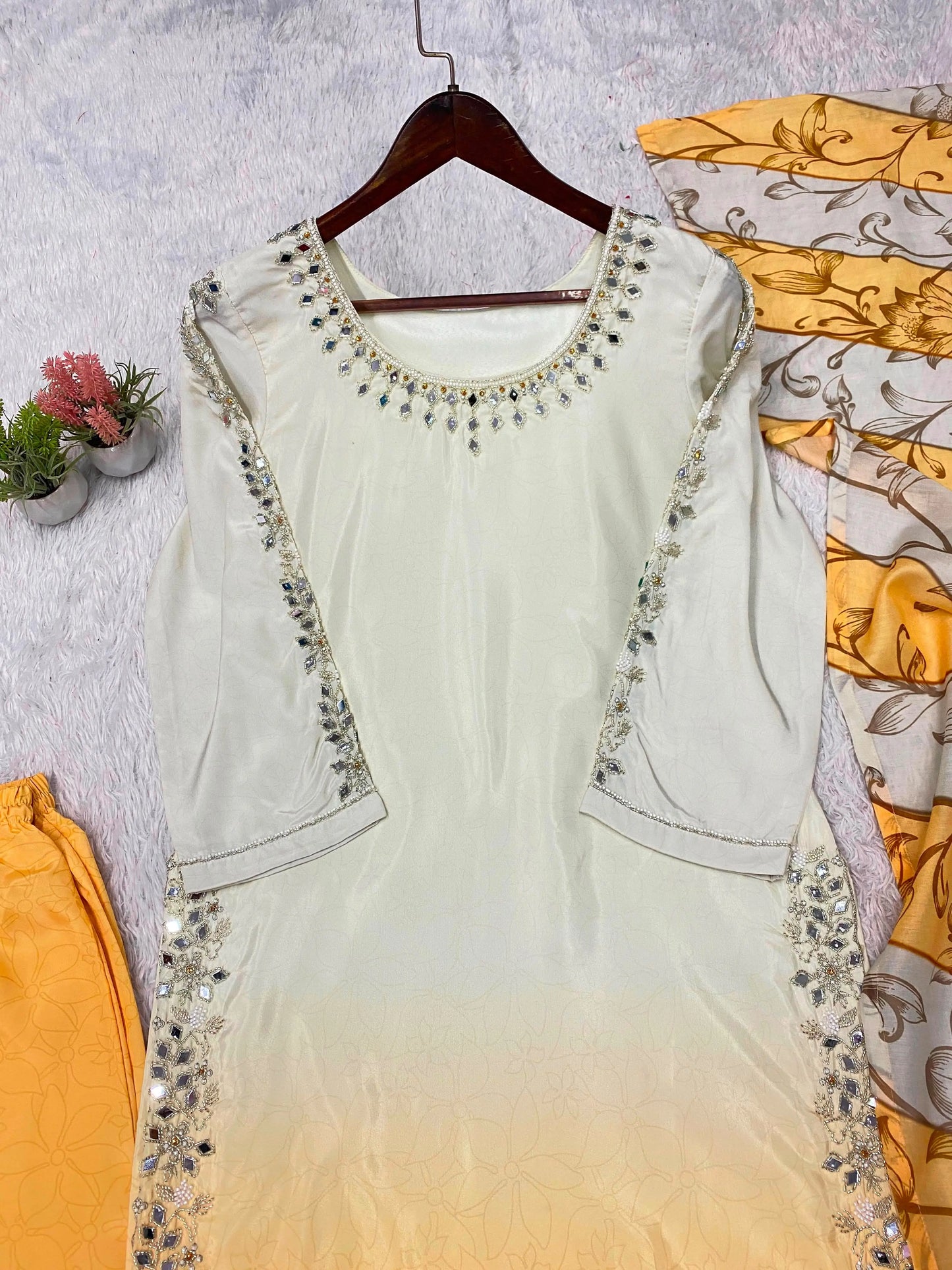 Dual Shade Mirror Embroidered Suit