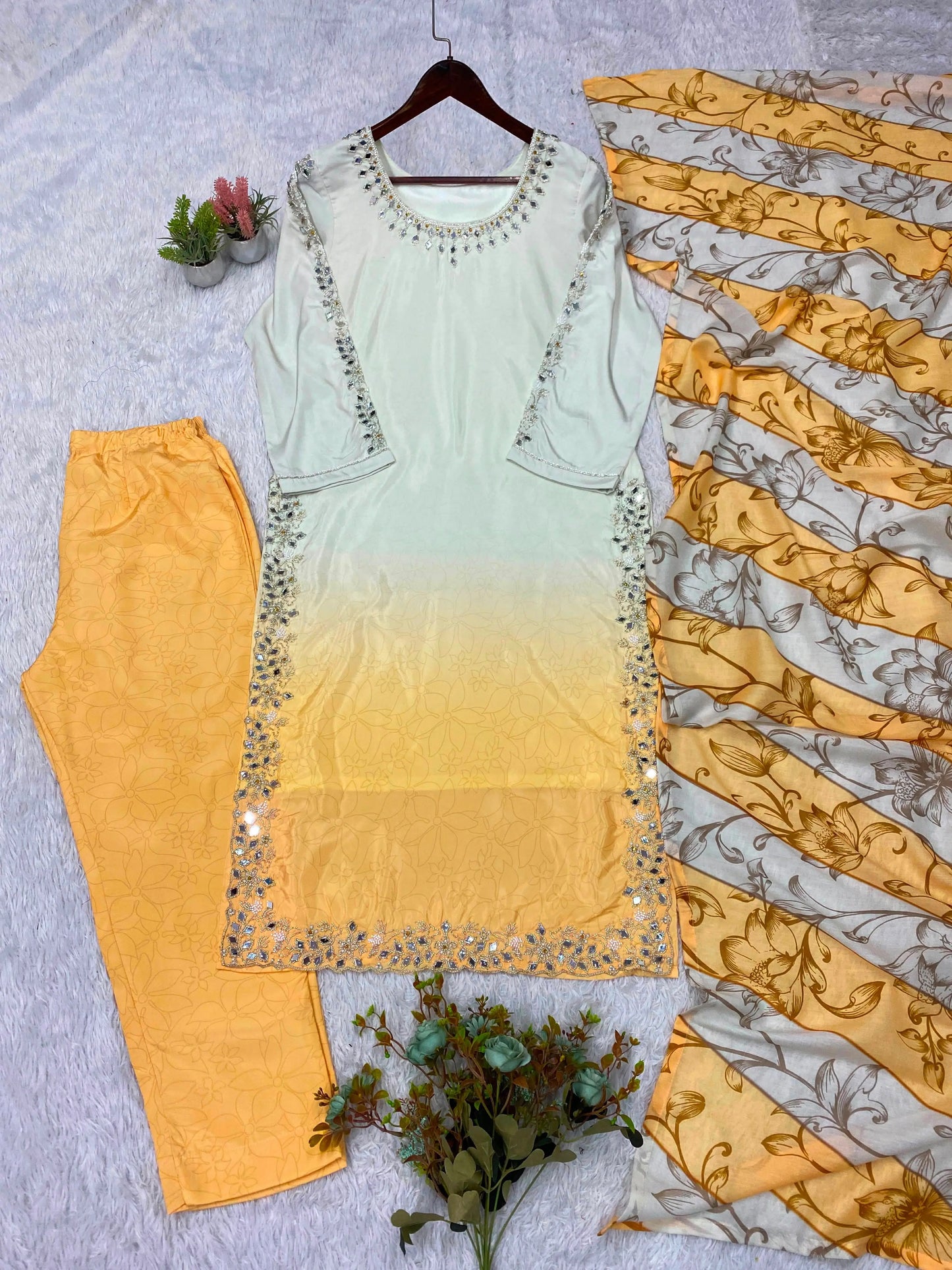 Dual Shade Mirror Embroidered Suit