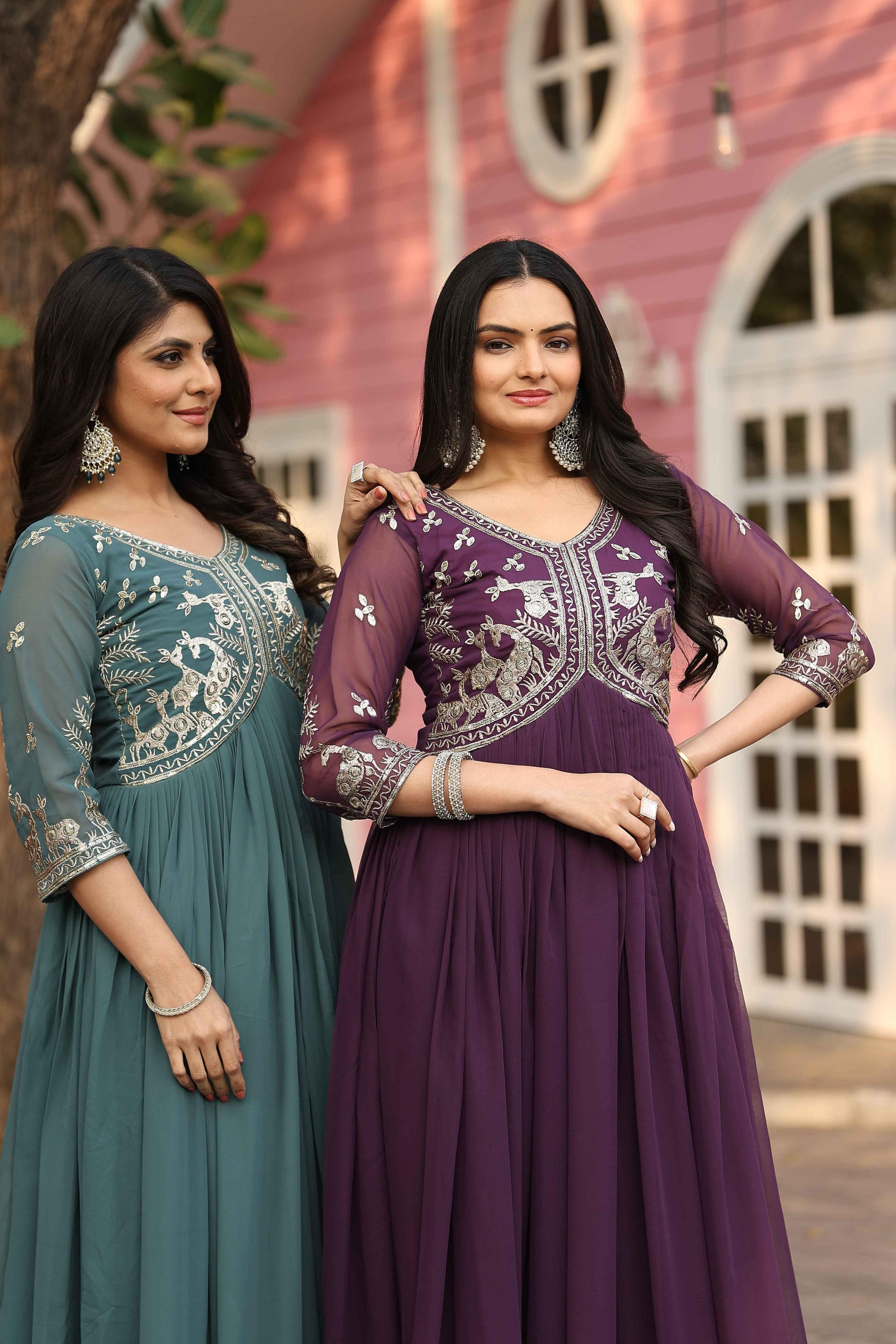 Elegant Anarkali Gowns with Intricate Silver Embroidery