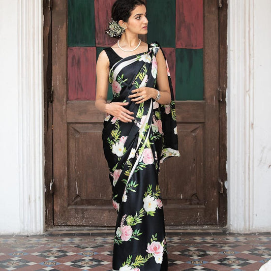 Elegant Black Floral Print Satin Saree for Special Occasions