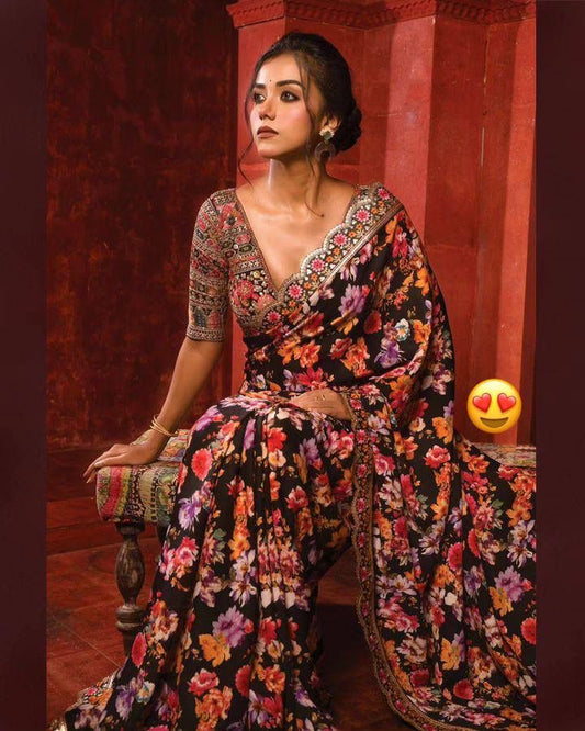 Elegant Black Floral Saree with Embroidered Blouse Design