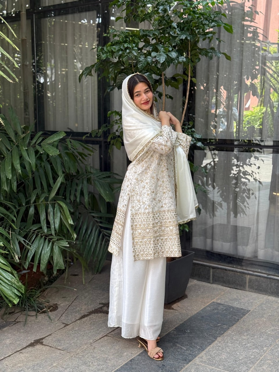 Elegant Chinon Silk Embroidered Suit Set with Dupatta