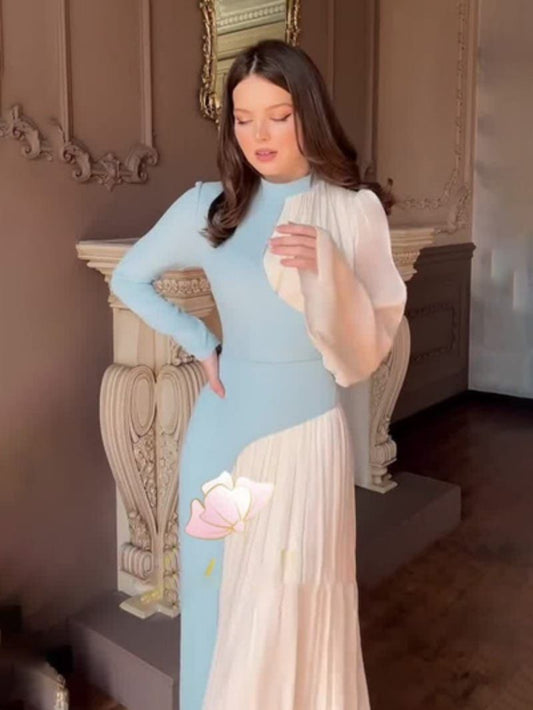 Woman in a light blue top and beige skirt standing in an elegant room, Elegant Color block Maxi Dress  Party & Evening Wear