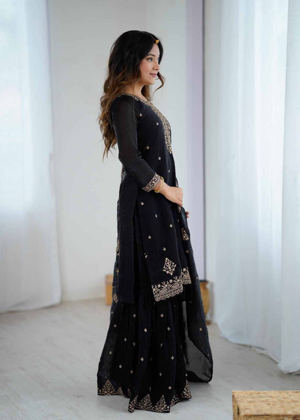 Elegant Crunchy Silk Sharara Set with Embroidery Detailing