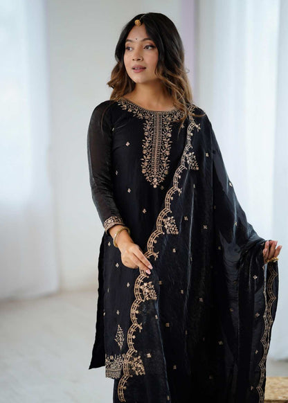 Elegant Crunchy Silk Sharara Set with Embroidery Detailing