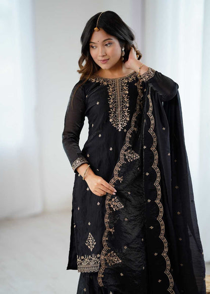 Elegant Crunchy Silk Sharara Set with Embroidery Detailing