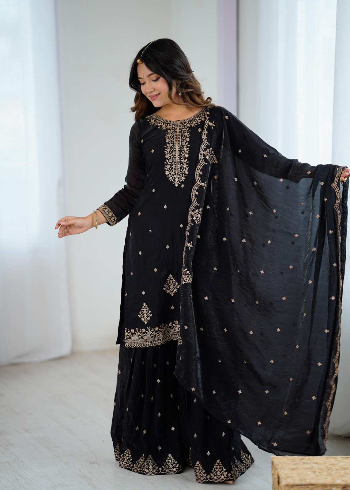 Elegant Crunchy Silk Sharara Set with Embroidery Detailing