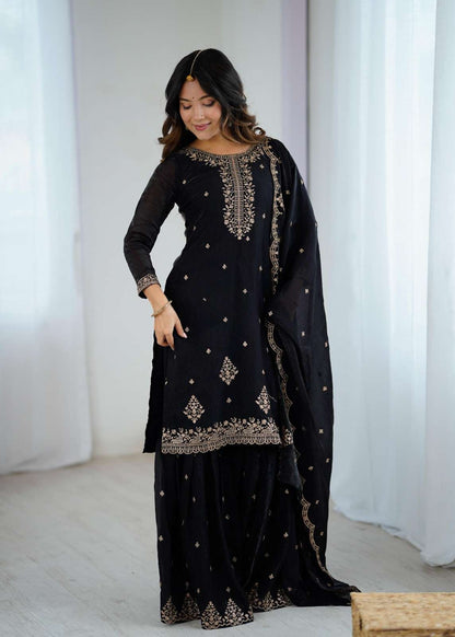 Elegant Crunchy Silk Sharara Set with Embroidery Detailing