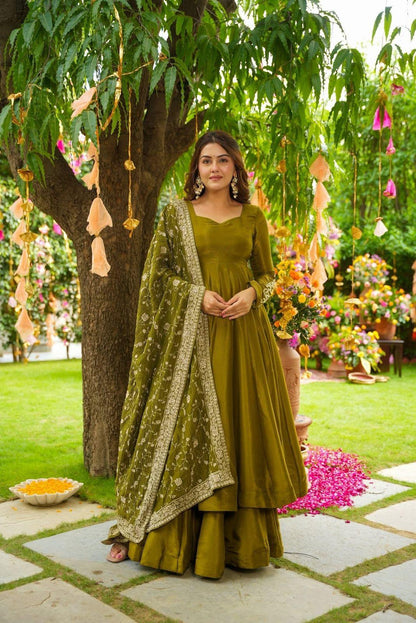 Elegant Embroidered Chiffon Gown with Plazzo & Dupatta