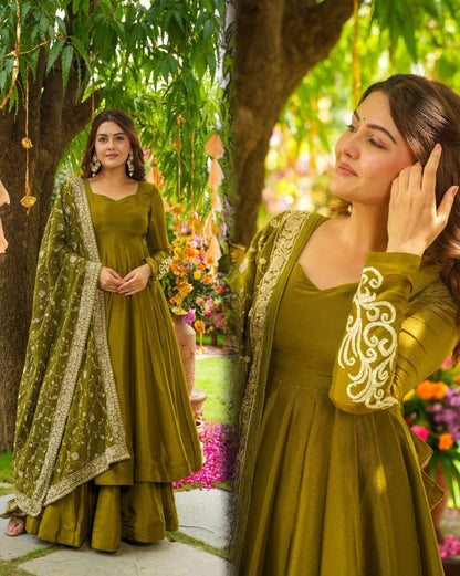 Elegant Embroidered Chiffon Gown with Plazzo & Dupatta