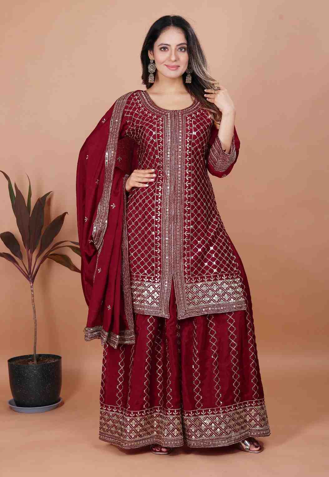 Elegant Embroidered Chinon Sharara Set with Dupatta