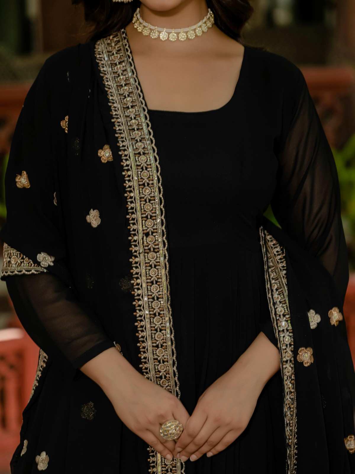 Elegant Embroidered Gown Set with Dupatta and Batwa Bag