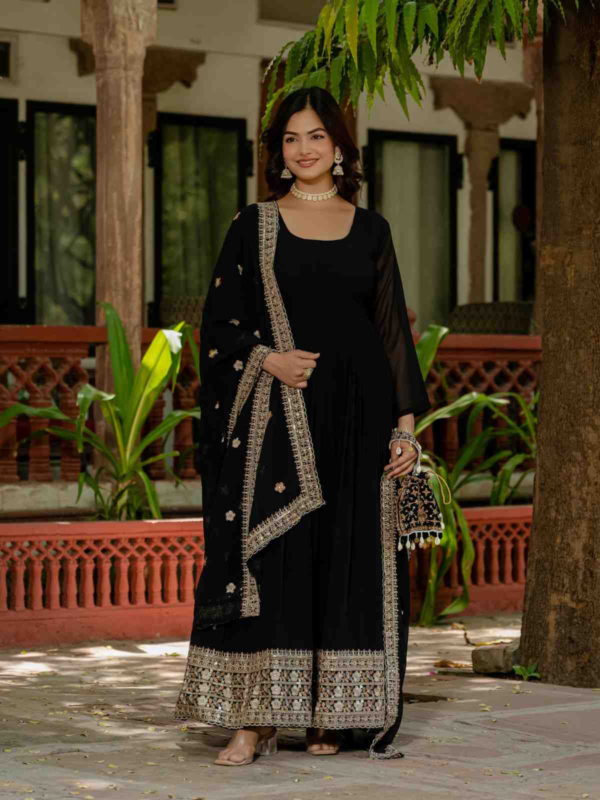 Elegant Embroidered Gown Set with Dupatta and Batwa Bag