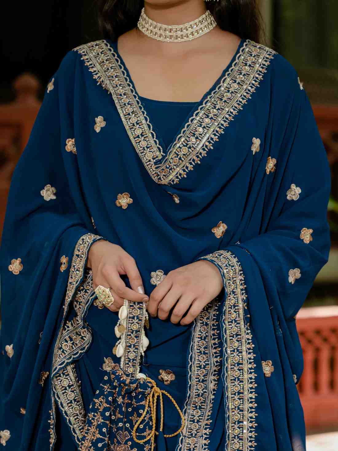 Elegant Embroidered Gown Set with Dupatta and Batwa Bag