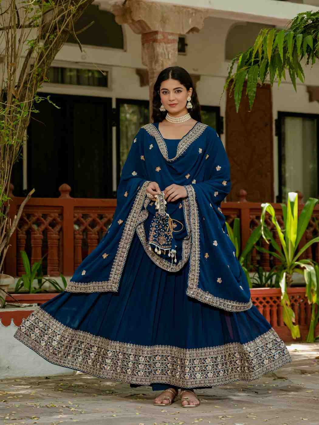 Elegant Embroidered Gown Set with Dupatta and Batwa Bag