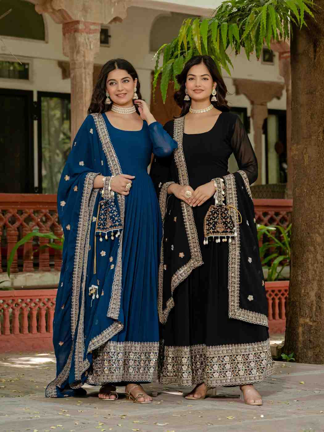 Elegant Embroidered Gown Set with Dupatta and Batwa Bag