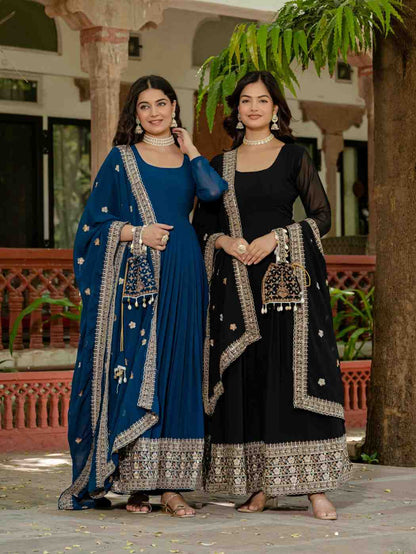 Elegant Embroidered Gown Set with Dupatta and Batwa Bag