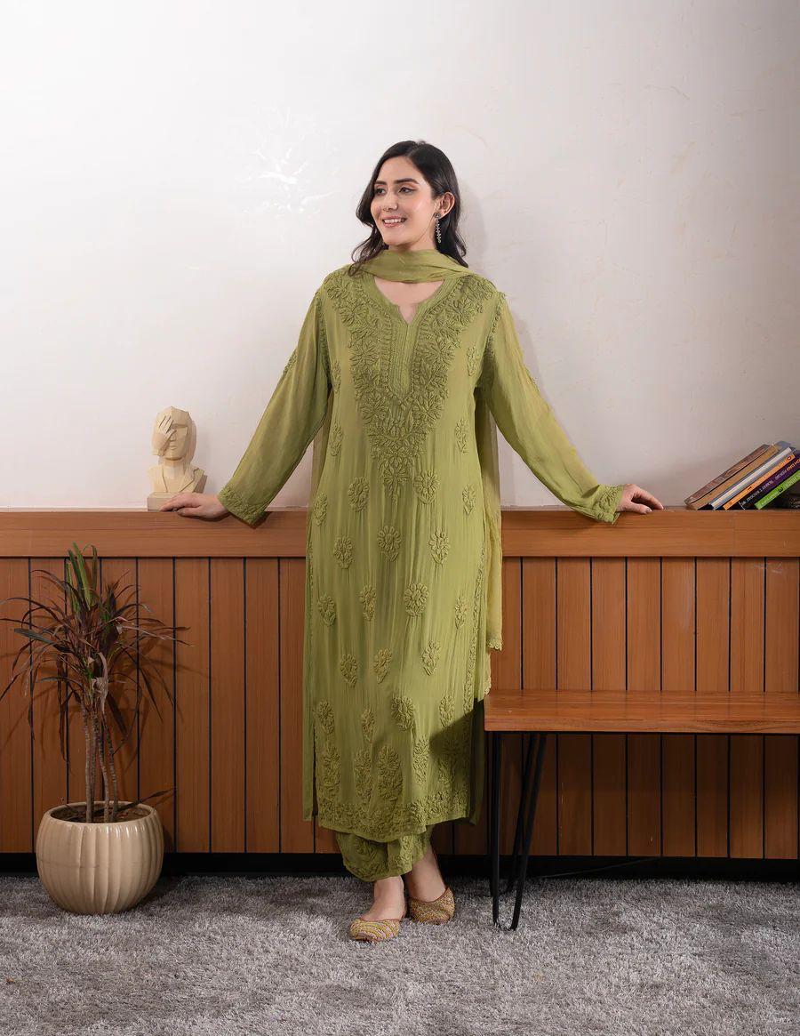 Elegant Embroidered Kurti Pant with Dupatta Set