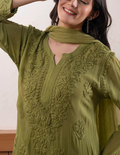 Elegant Embroidered Kurti Pant with Dupatta Set