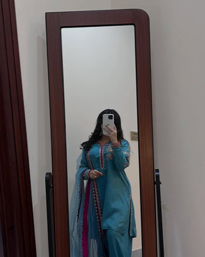 Elegant Embroidered Suit Set with Palazzo and Net Dupatta

