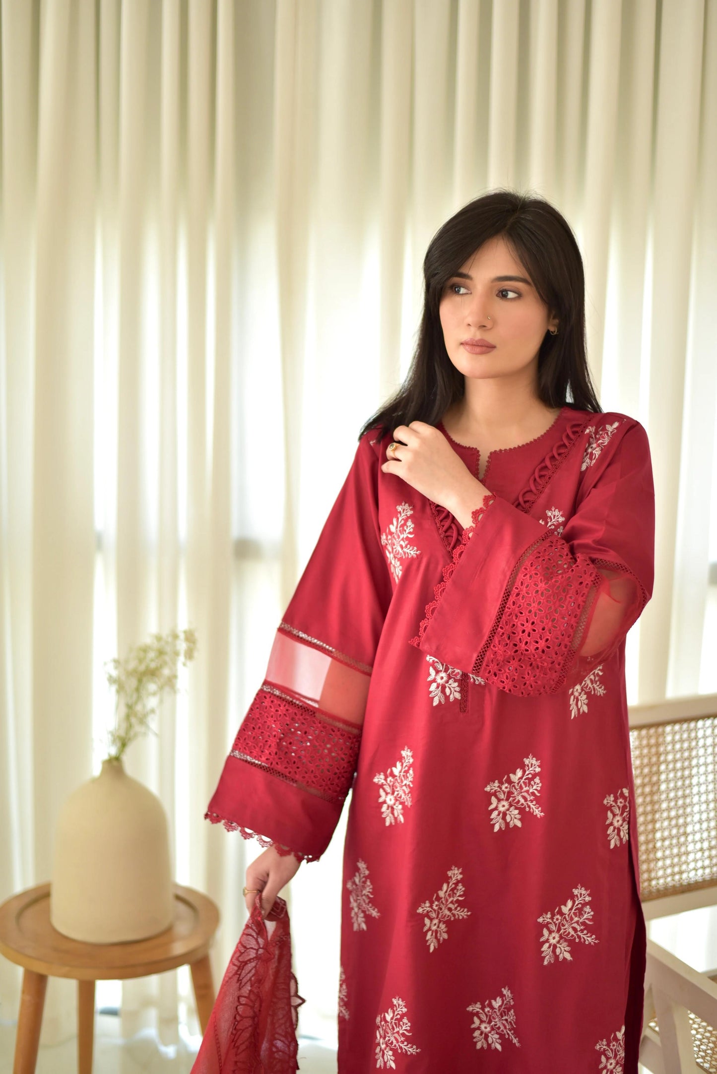 Elegant Embroidered Suit Set with Printed Dupatta