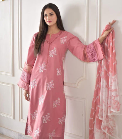 Elegant Embroidered Suit Set with Printed Dupatta
