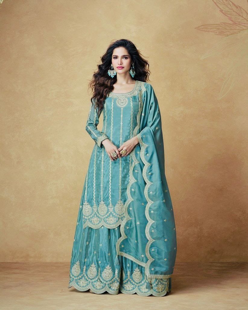 Elegant Embroidered Top Palazzo Set with Dupatta