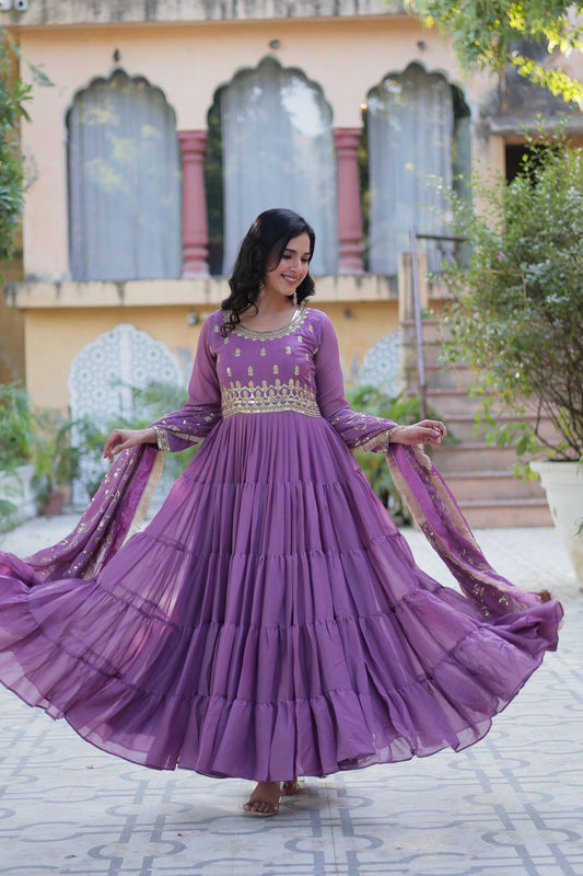 Elegant Ethnic Gown Set with Embroidered Dupatta
